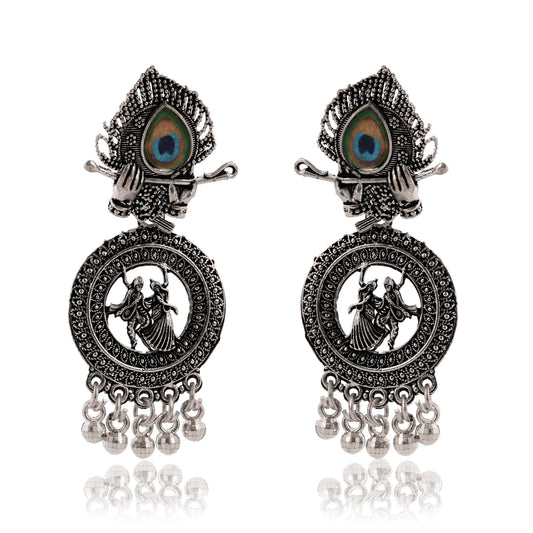 Earrings For Women OXidised Traditional Radha Krishna | Silver Beads Ethnic Jhumka